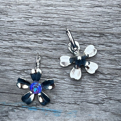 Handcrafted earrings with blue aurora crystal and silver.