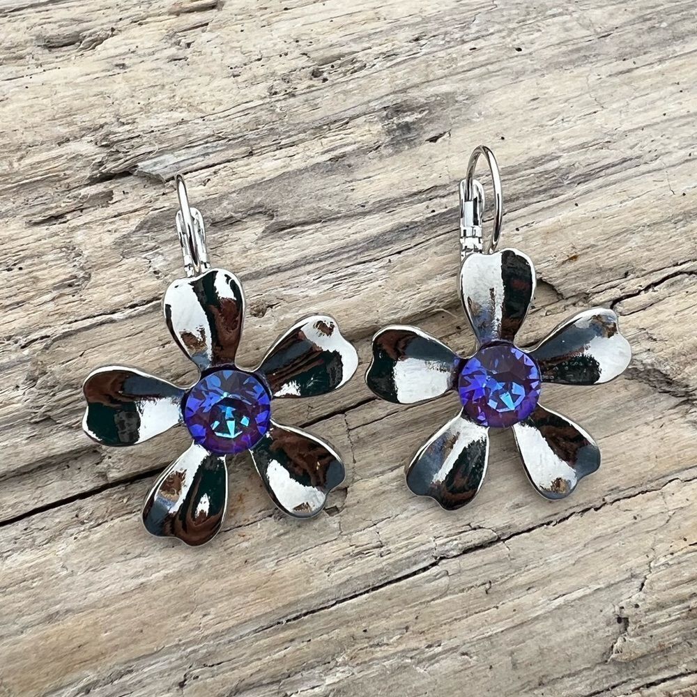 Handcrafted earrings with blue aurora crystal and silver.