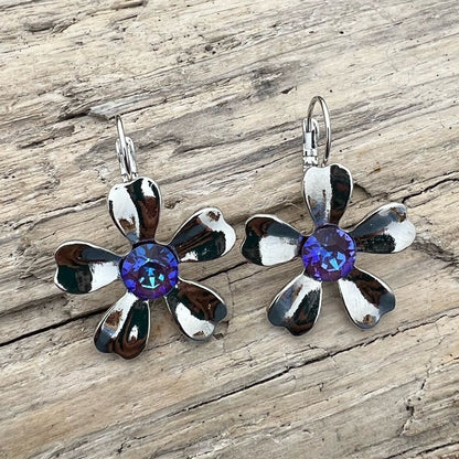 Handcrafted earrings with blue aurora crystal and silver.