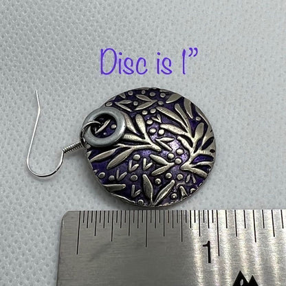 Patina pierced earrings with silver and purple pattern