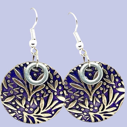 Patina pierced earrings with silver and purple pattern