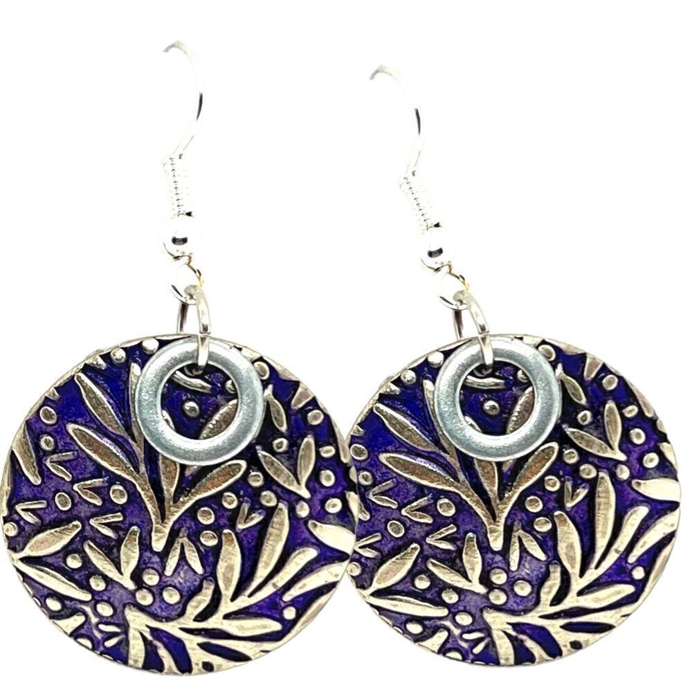 Patina pierced earrings with silver and purple pattern
