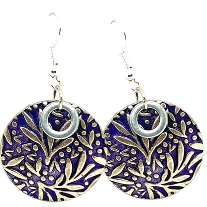 Patina pierced earrings with silver and purple pattern