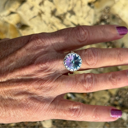 Handcrafted sparkly ring made with light vitrail Swarovski crystal size 9