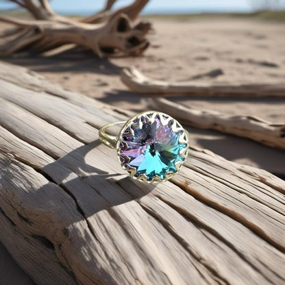 Handcrafted sparkly ring made with light vitrail Swarovski crystal size 9