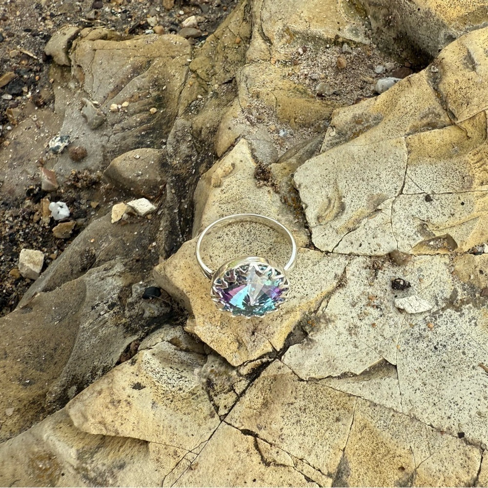 Handcrafted sparkly ring made with light vitrail Swarovski crystal size 9