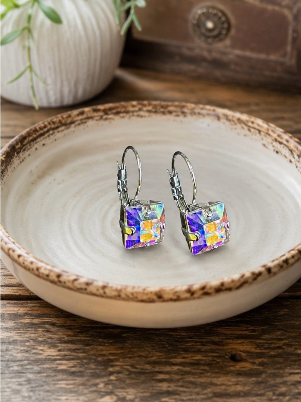 Handcrafted Rhodium-Plated Aurora Borealis swarovski Crystal Earrings