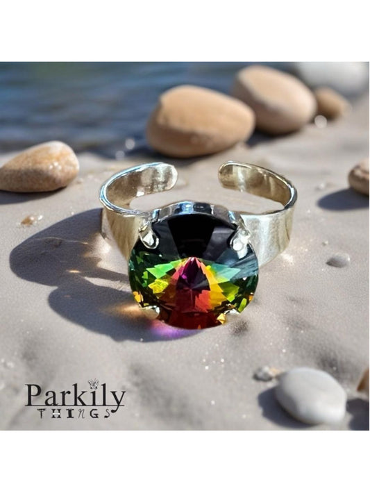 Handcrafted sparkly ring made with medium vitrail Swarovski crystal adjustable