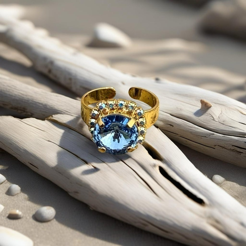 Handcrafted ring made with light sapphire Swarovski crystal size adjustable