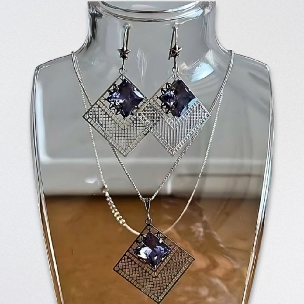 Handcrafted Swarovski Tanzanite Crystal Necklace Earrings Set Silver/Purple NWT