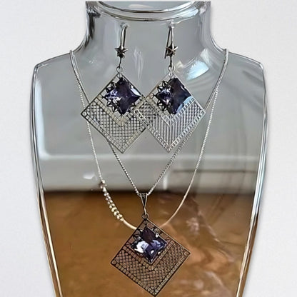 Handcrafted Swarovski Tanzanite Crystal Necklace Earrings Set Silver/Purple NWT