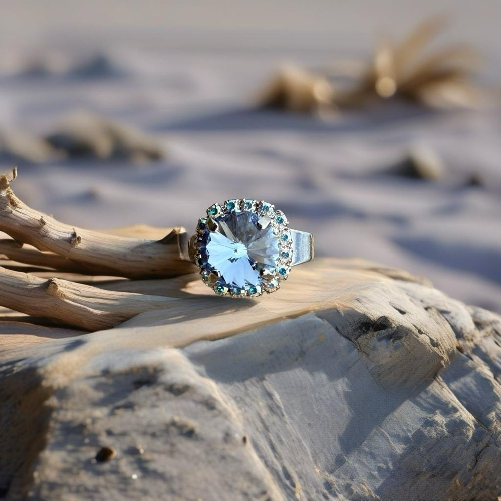 Handcrafted ring made with light sapphire Swarovski crystal size adjustable