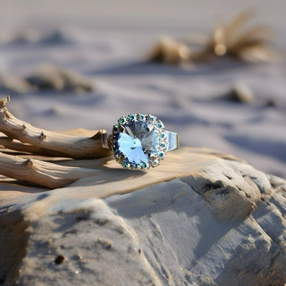 Handcrafted ring made with light sapphire Swarovski crystal size adjustable