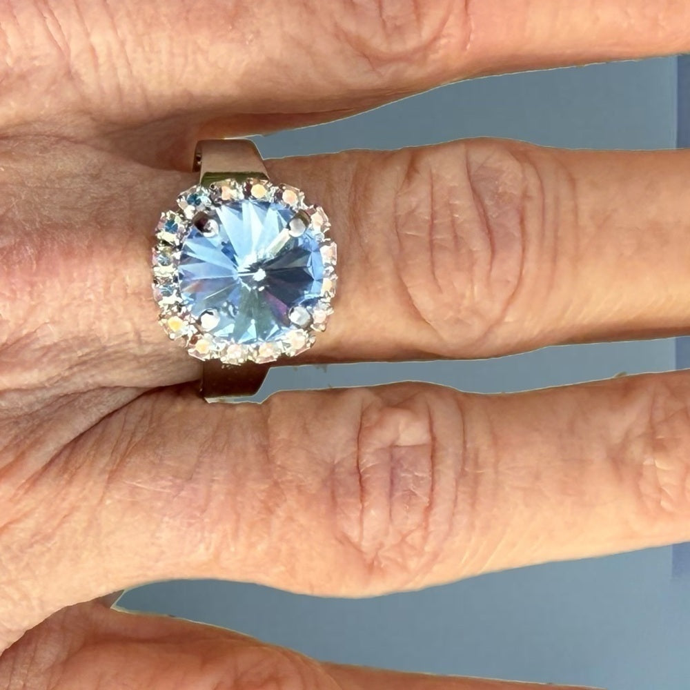 Handcrafted ring made with light sapphire Swarovski crystal size adjustable