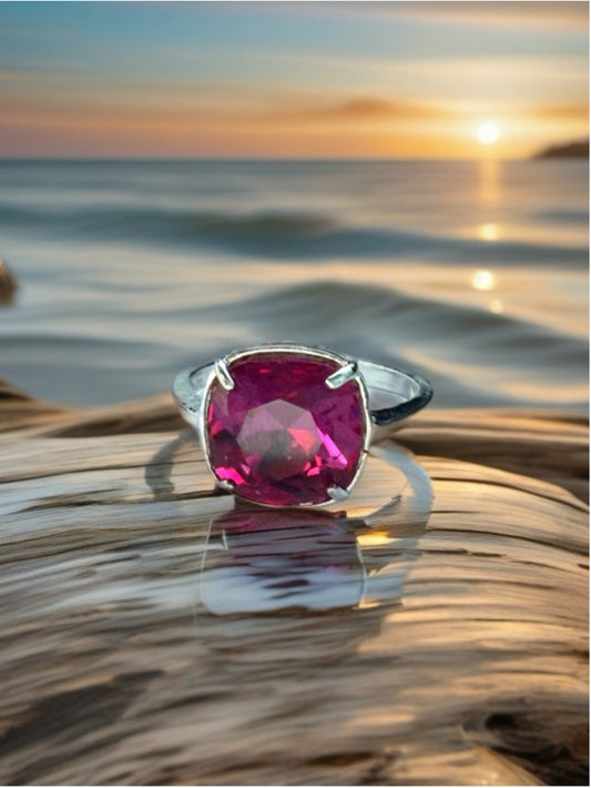Adjustable Dark Rose Crystal Statement Ring Silver Tone Sparkly Cushion Cut