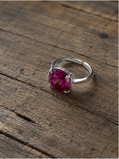 Adjustable Dark Rose Crystal Statement Ring Silver Tone Sparkly Cushion Cut