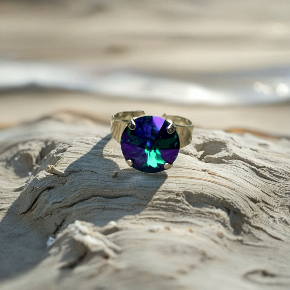 Handcrafted ring made with Swarovski emerald glacier crystal adjustable fit