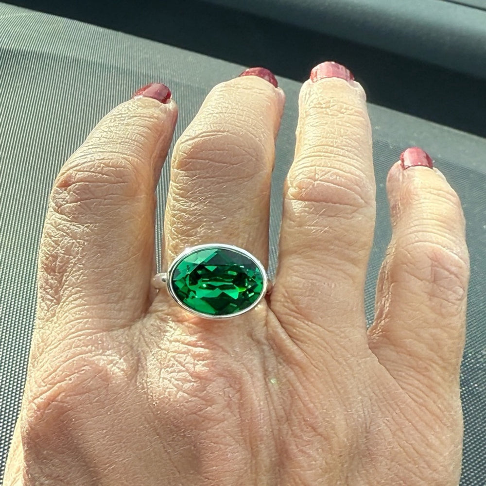 Handcrafted sparkly ring made with green Swarovski crystal size 8