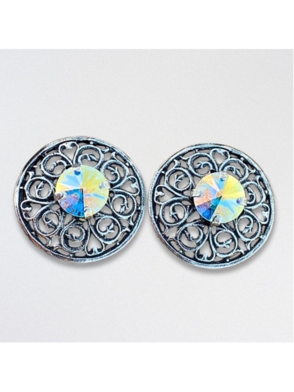 Handcrafted Swarovski Earrings Crystal Filigree Post Aurora Borealis Silver NWT