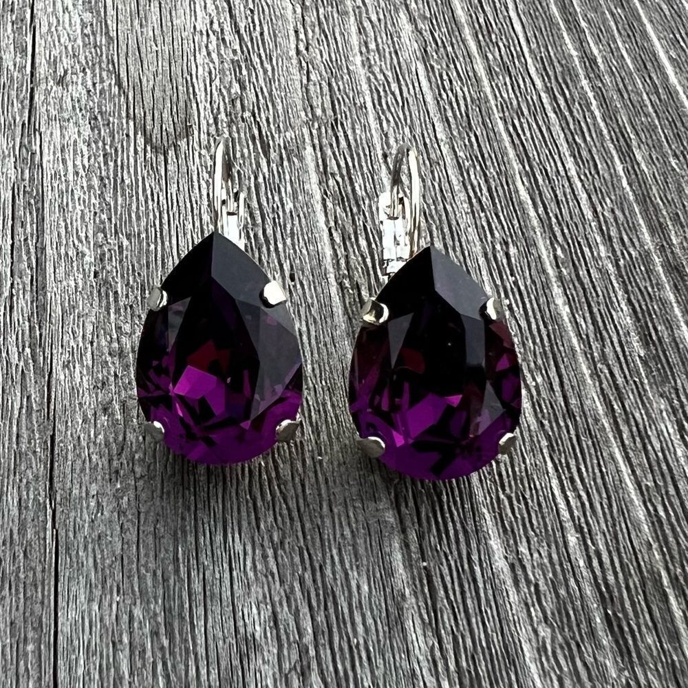 Handcrafted earrings with a purple amethyst teardrop Swarovski crystal