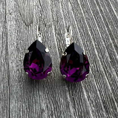 Handcrafted earrings with a purple amethyst teardrop Swarovski crystal