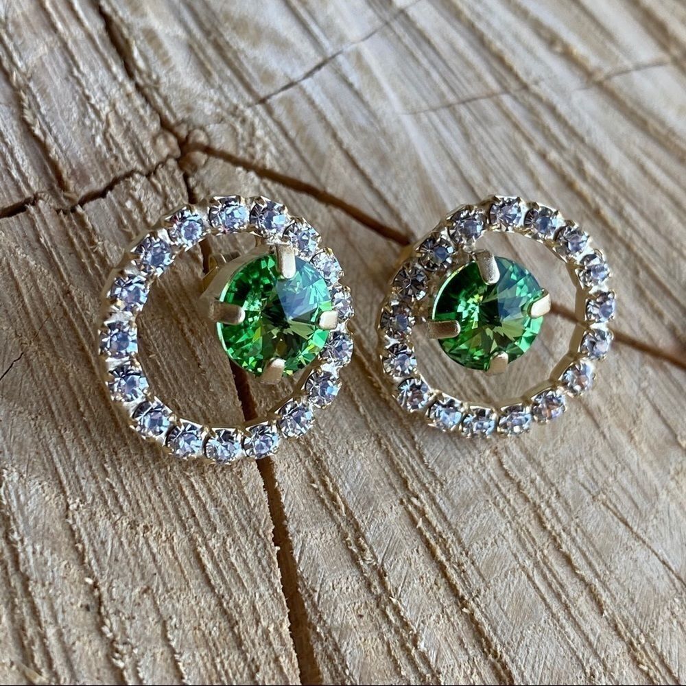 Handcrafted earrings with peridot and clear Swarovski crystals super sparkly