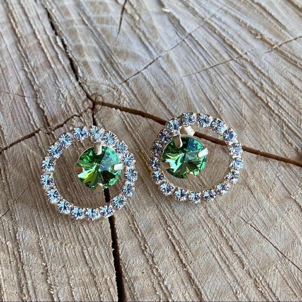 Handcrafted earrings with peridot and clear Swarovski crystals super sparkly