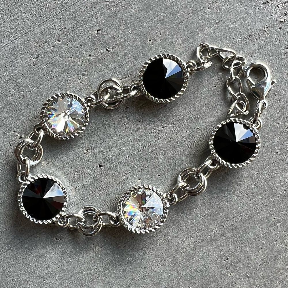 Handcrafted bracelet with jet black and clear Swarovski crystal