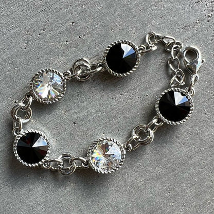 Handcrafted bracelet with jet black and clear Swarovski crystal