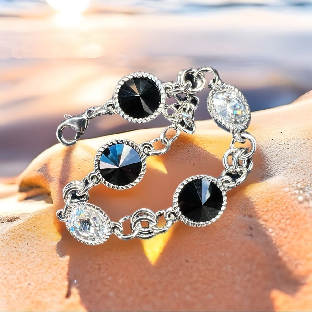 Handcrafted bracelet with jet black and clear Swarovski crystal