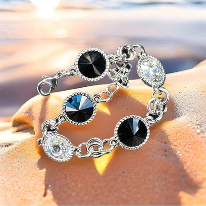 Handcrafted bracelet with jet black and clear Swarovski crystal