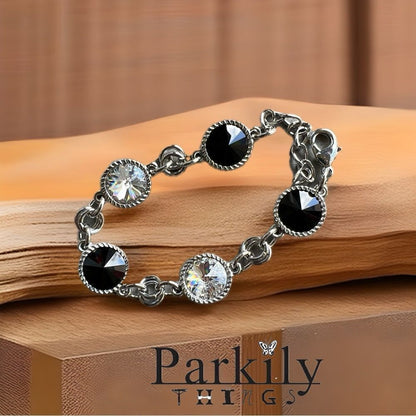 Handcrafted bracelet with jet black and clear Swarovski crystal