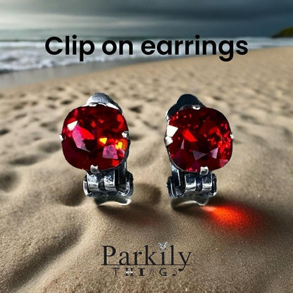 Clip on earrings with siam red cushion shape Swarovski crystal handcrafted