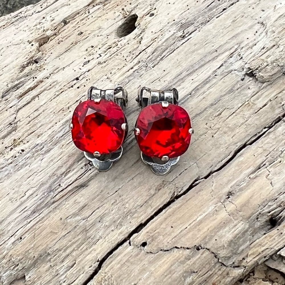 Clip on earrings with siam red cushion shape Swarovski crystal handcrafted
