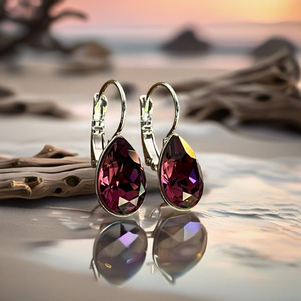 Handcrafted earrings with a purple amethyst teardrop Swarovski crystal