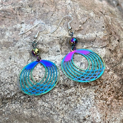 Handcrafted metal filagree colorful, rainbow earrings.