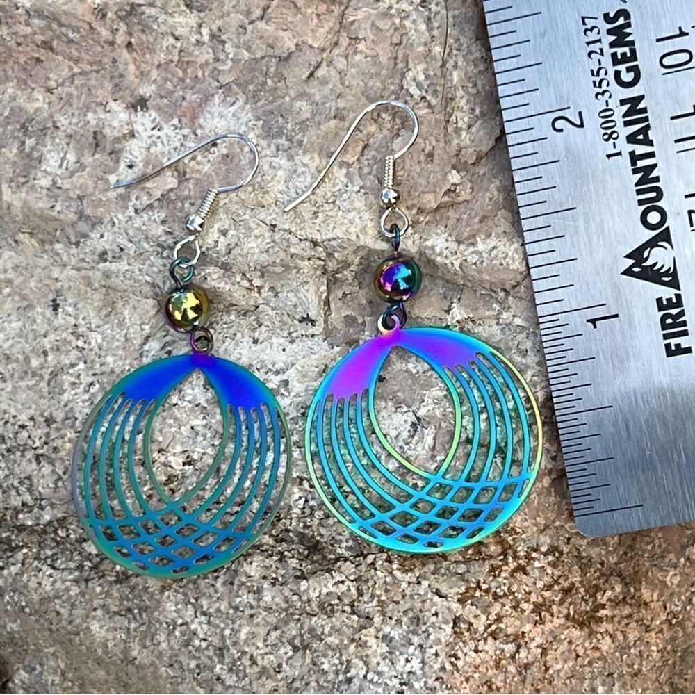 Handcrafted metal filagree colorful, rainbow earrings.