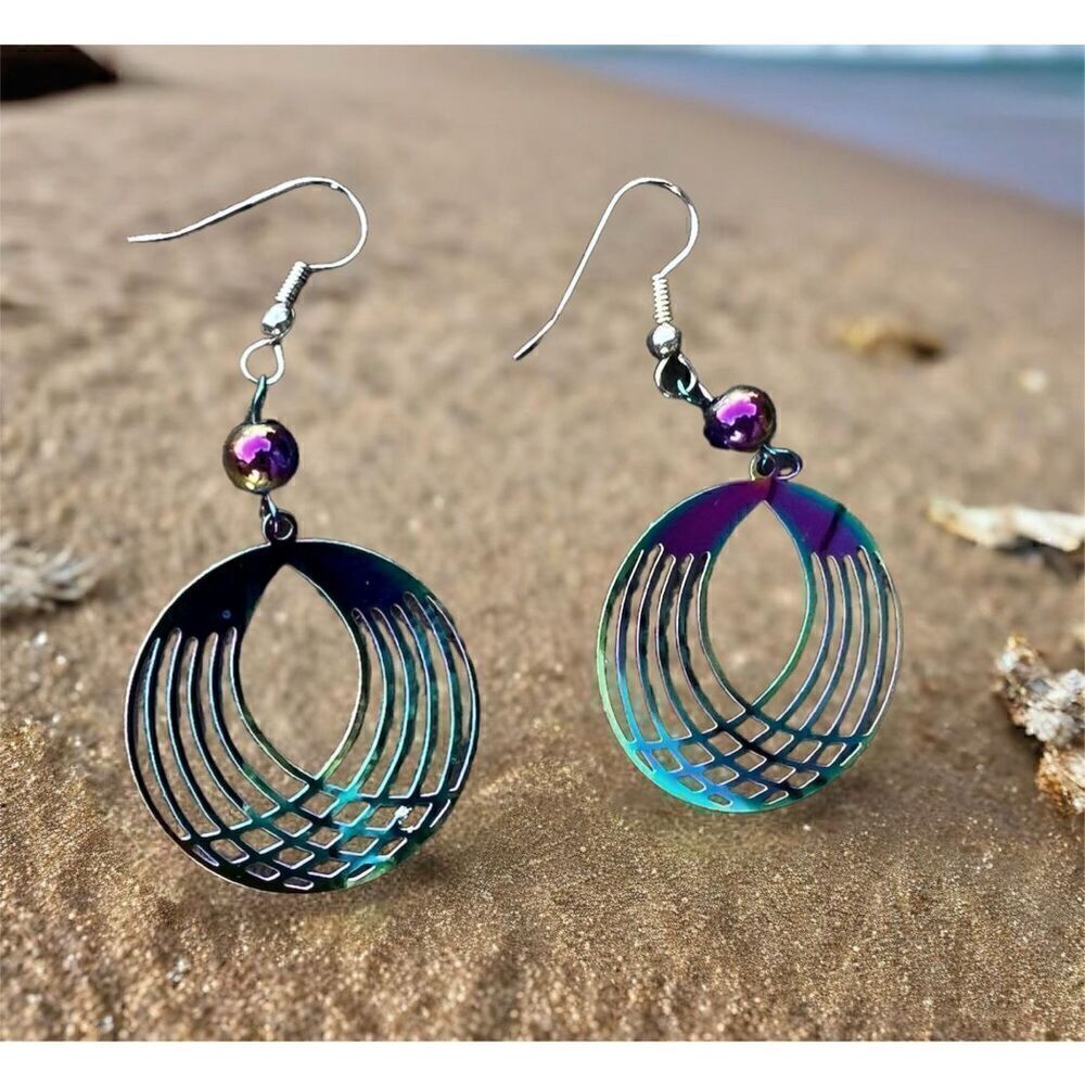 Handcrafted metal filagree colorful, rainbow earrings.