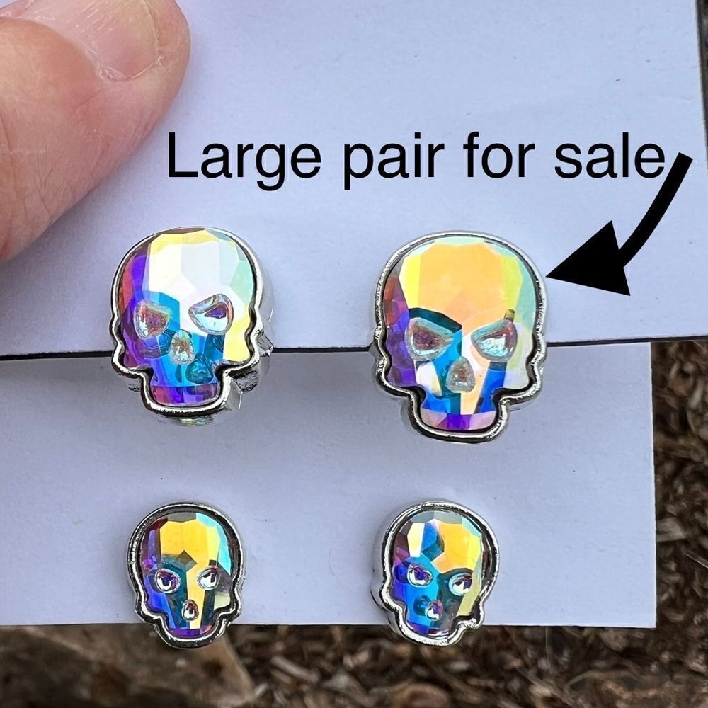 Skull stud earrings made with aurora borealis Swarovski crystal