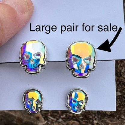 Skull stud earrings made with aurora borealis Swarovski crystal