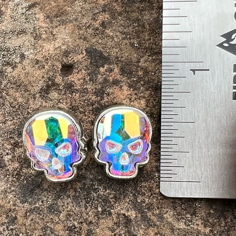 Skull stud earrings made with aurora borealis Swarovski crystal