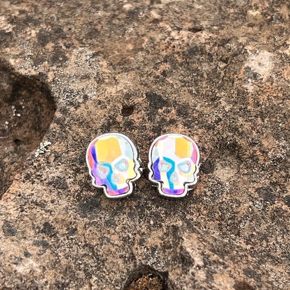 Skull stud earrings made with aurora borealis Swarovski crystal