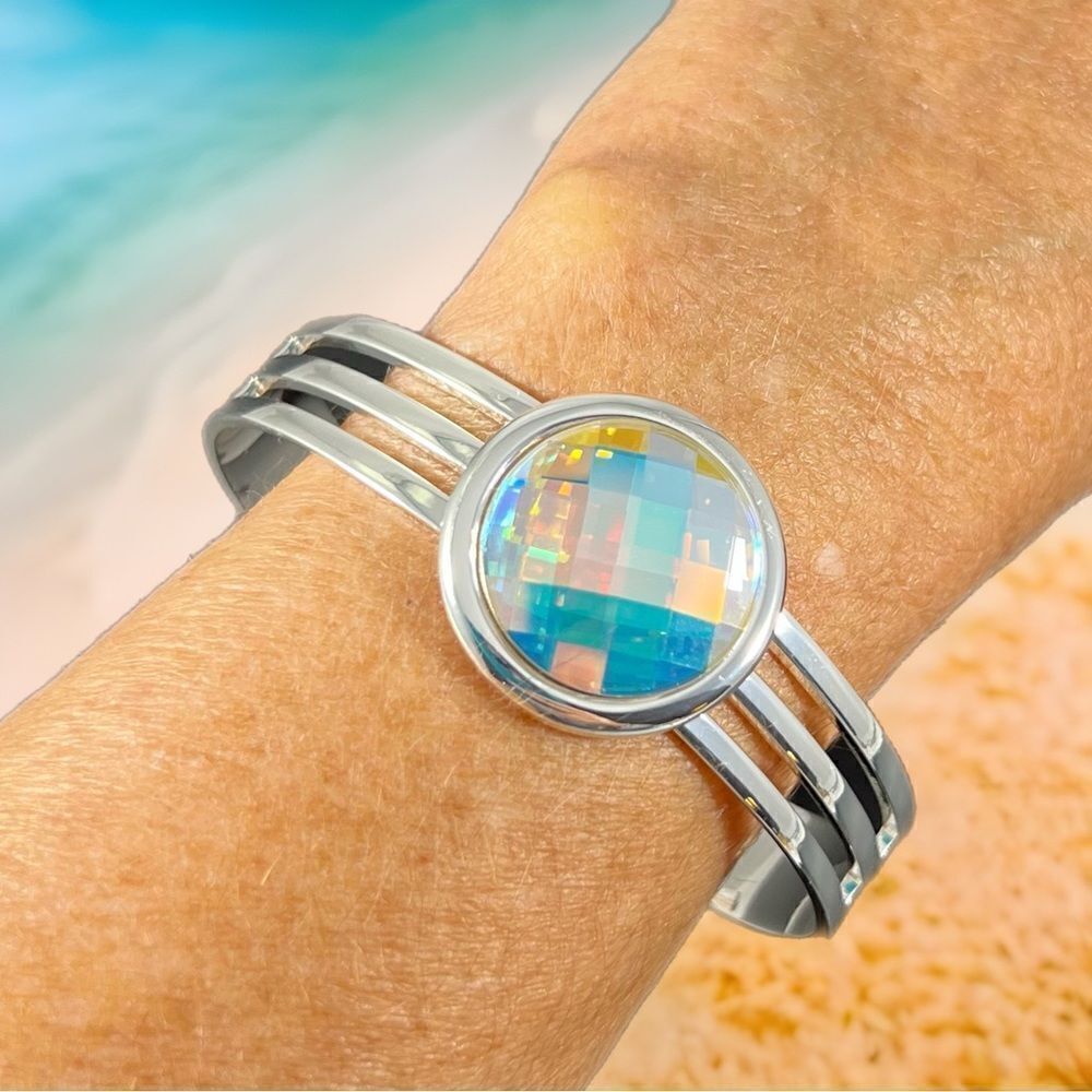 Handcrafted silver bracelet with AB Aurora borealis chessboard Swarovski crystal