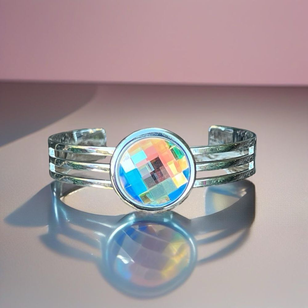 Handcrafted silver bracelet with AB Aurora borealis chessboard Swarovski crystal