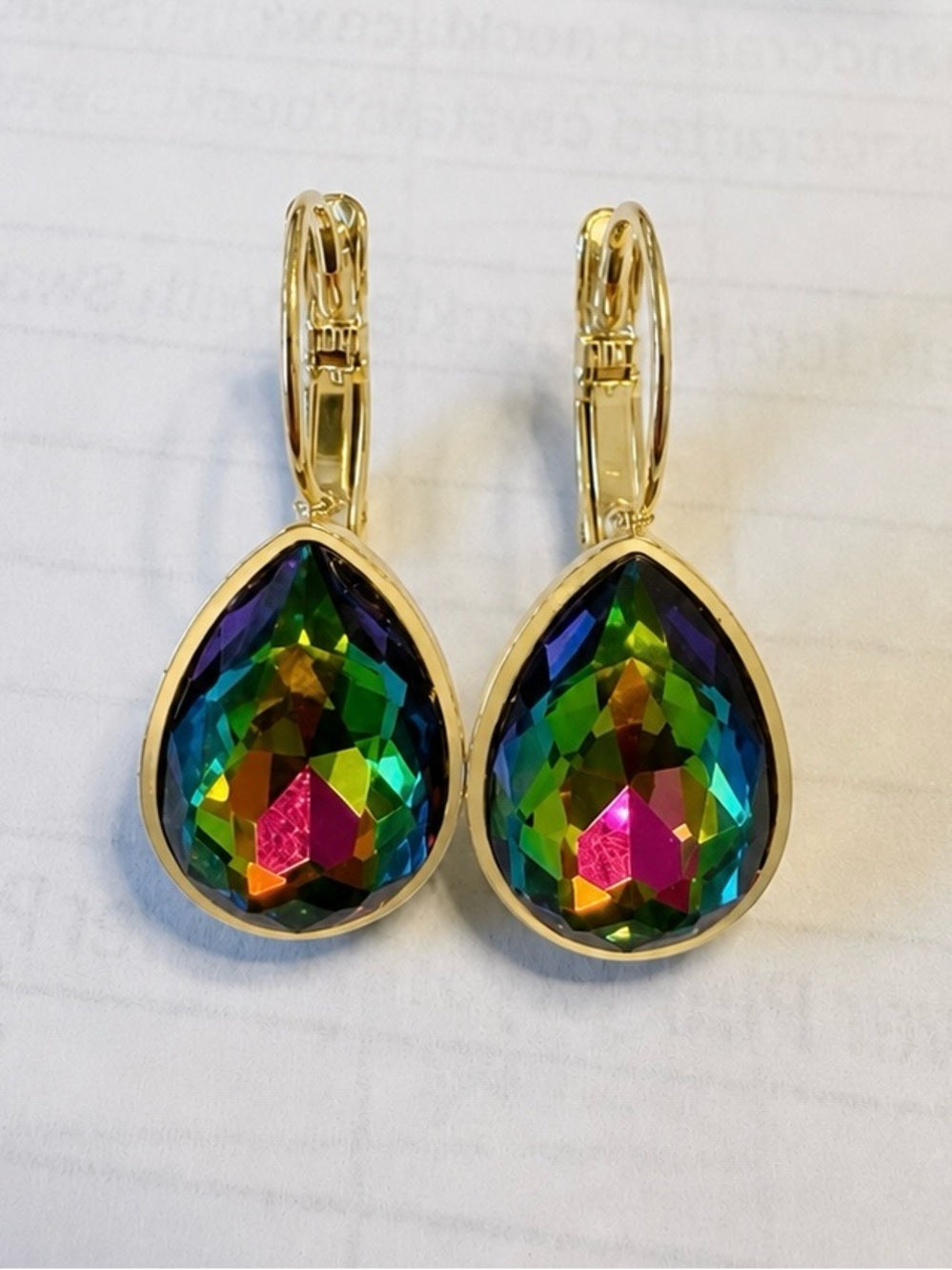 ParkilyThings Rainbow Vitrail Teardrop Crystal Earrings – gold tone leverback