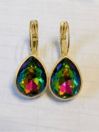 ParkilyThings Rainbow Vitrail Teardrop Crystal Earrings – gold tone leverback