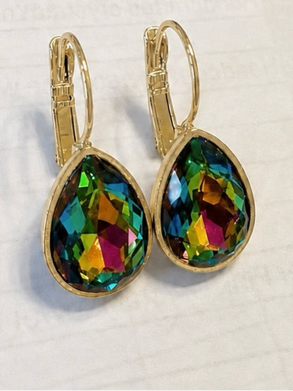 ParkilyThings Rainbow Vitrail Teardrop Crystal Earrings – gold tone leverback