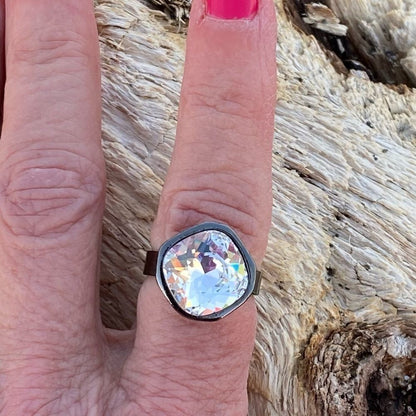 Handcrafted sparkly ring made with Swarovski crystal adjustable fit in gunmetal