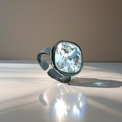 Handcrafted sparkly ring made with Swarovski crystal adjustable fit in gunmetal