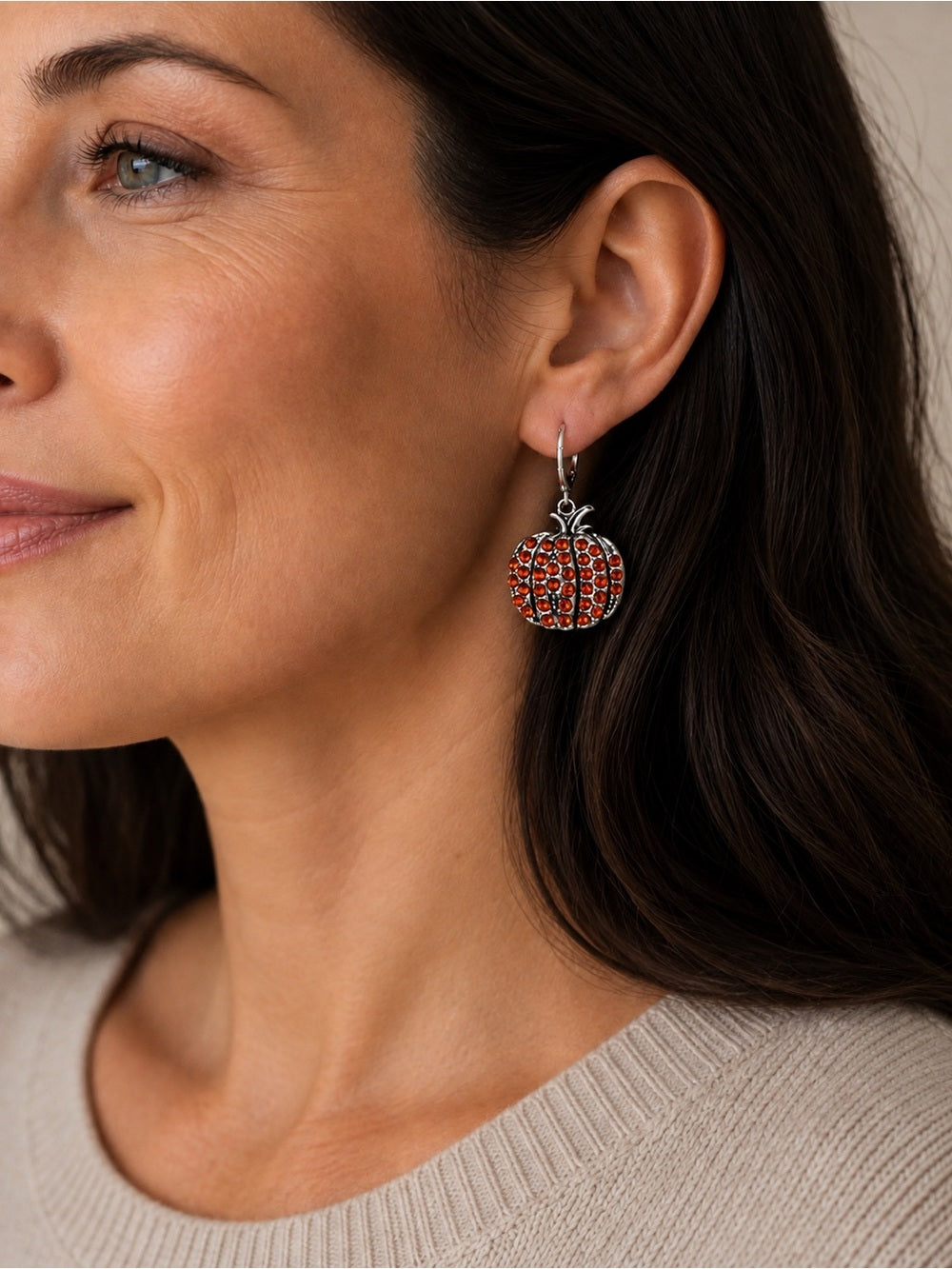 Sparkling Crystal Pumpkin Dangle Earrings – Silver Tone